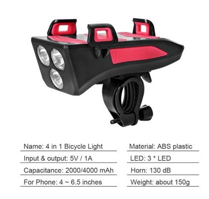 ইউএসবি রিচার্জযোগ্য এলইডি বাইক হেডলাইট বাইক হর্ন ফোন হোল্ডার নাইট রাইডিংয়ের জন্য পাওয়ার ব্যাংক